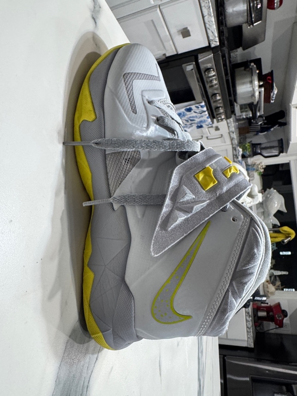 Youth Gray and Yellow Nike High-Top Basketball Sneakers